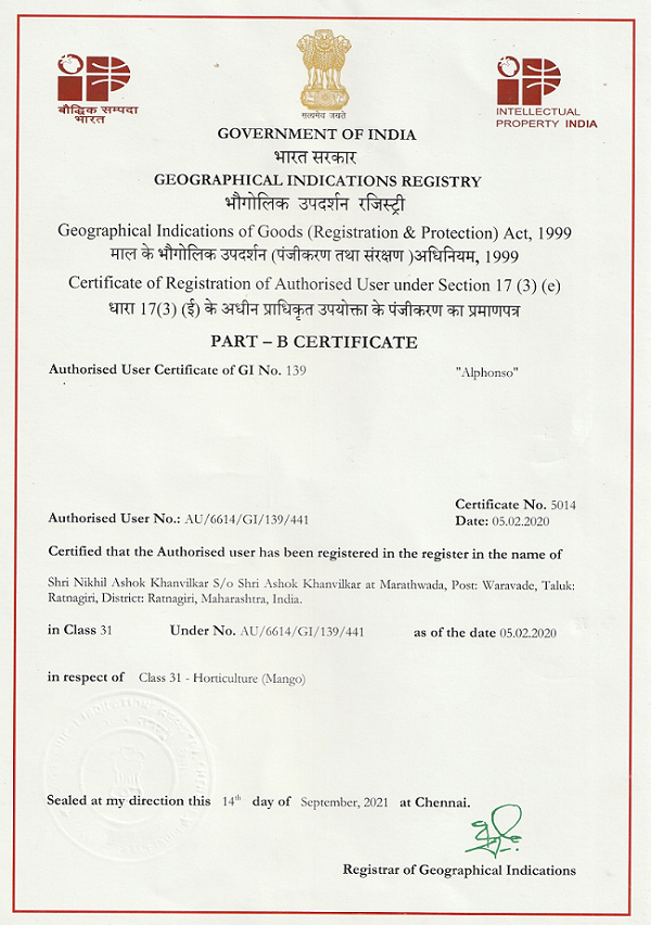 Alphonso Mango GI Certificate